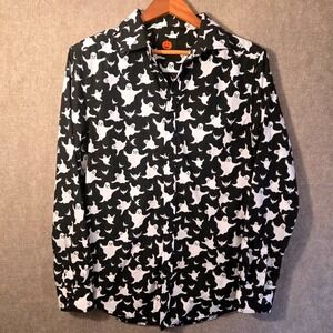 Simon Banks Halloween Ghost Bat Print Button Down Shirt Black White Mens Medium
